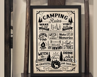 Campingregels afdrukken, kampregels teken, RV decor, camper poster kunst aan de muur