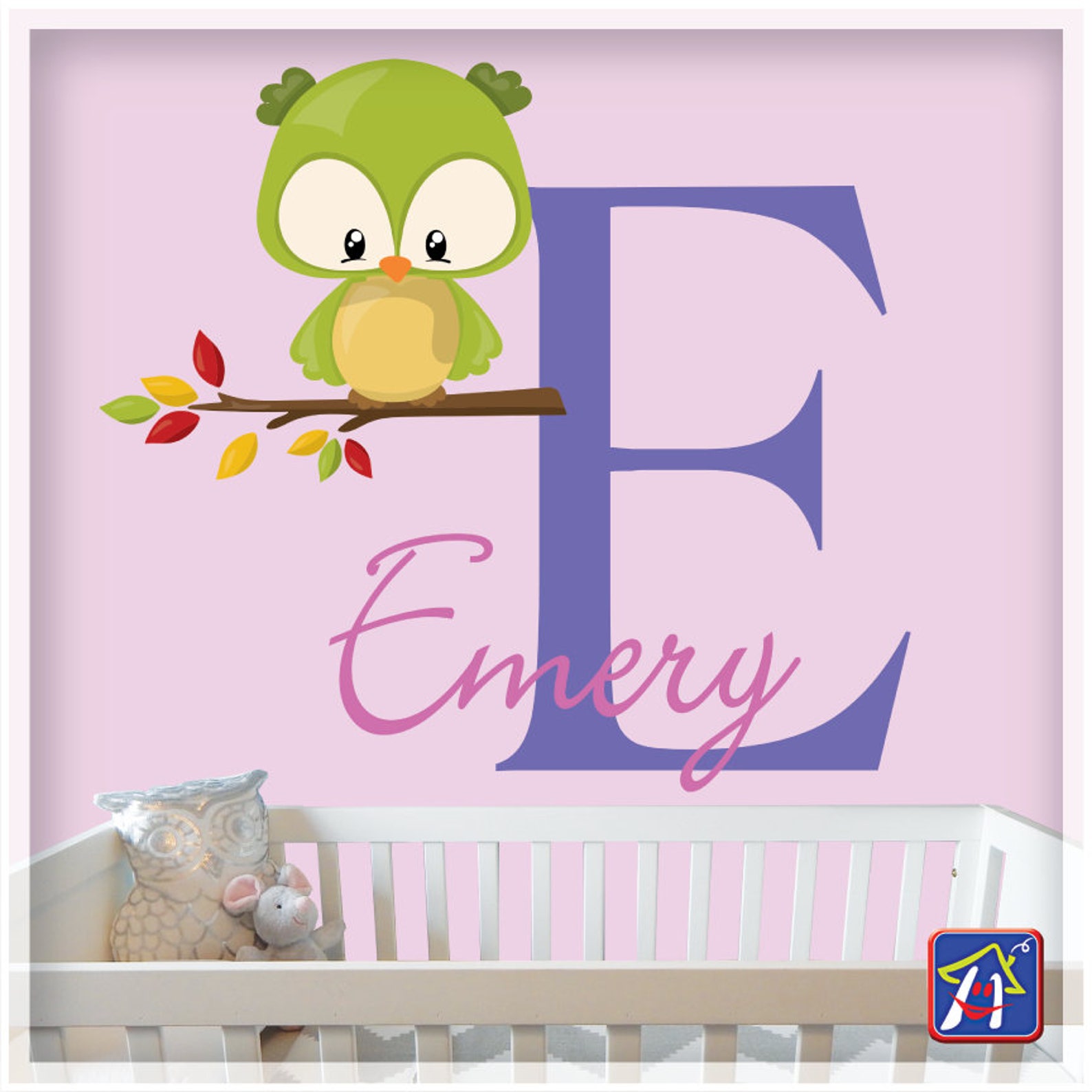 Owl Wall Decal Initial Name Decal Personalized Name Decal Etsy