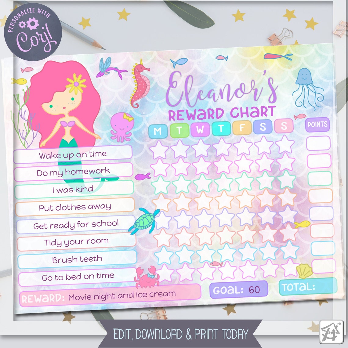 Editable Mermaid Reward Chart Mermaid Chart for Girls | Etsy