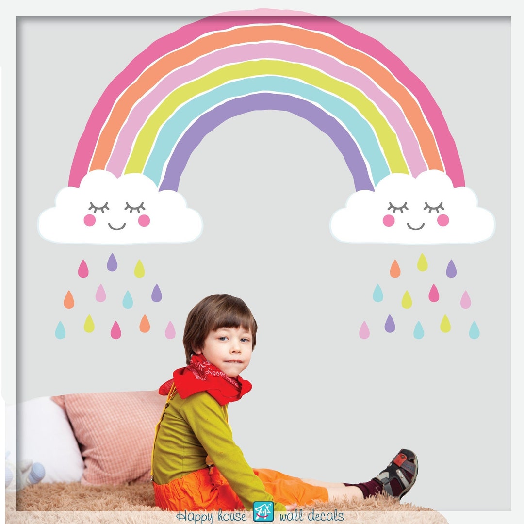Rainbow With Rainy Clouds Wall Decal, Pastel Rainbow Wall Sticker ...