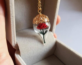 A Bela e a Fera Mini Veludo Rosa Flor Feito à Mão Colar de Frasco de Vidro Cristal