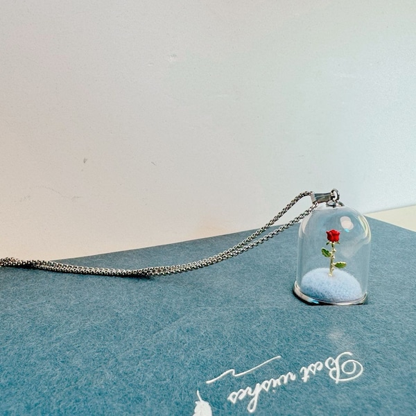 Charming Delicate Handmade Little Prince  Rose Mini Glass Vintage Red Rose Necklace Pendant  Original Collectable Handcrafted