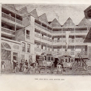 The  Old Bull and Mouth Inn bookplate from Inns Ales by H W Hackwood 1909
