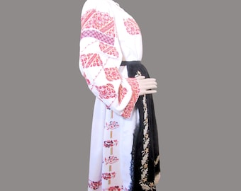 Handmade antique  Romanian costume from Transylvania , Banat , hand embroidered Romanian folk dress and silver - gold apron , size  L