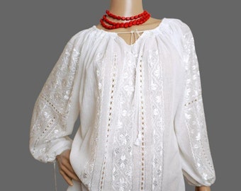 Romanian folk blouse with white hand embroidery , bohemian handmade blouse with silk embroidery size M