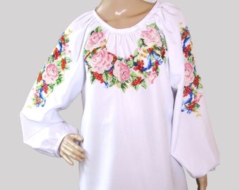 Hand beaded Romanian peasant blouse , floral handmade traditional blouse with beads  size  M/L