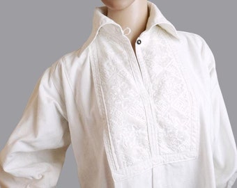 Romanian vintage shirt from Transylvania , hand embroidered ethnic long Romanian shirt , handmade ethnic dress with  white embroideries