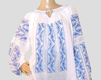 Hand embroidered Romanian blouse , handmade peasant blouse with blue flowers size M