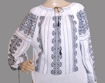 Romanian peasant blouse ,handmade ethnic blouse , hand embroidered traditional blouse size M