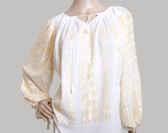 Handmade Romanian peasant  blouse , silk hand embroidered blouse  size M-L