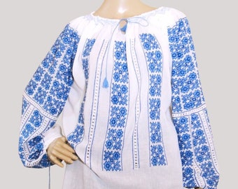 Handmade Romanian peasant blouse , Romanian folk blouse  , floral embroidered blouse , size  M-L