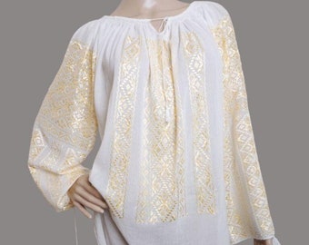 Hand embroidered Romanian blouse , yellow silk embroidered blouse , Romanian folk shirt  size M