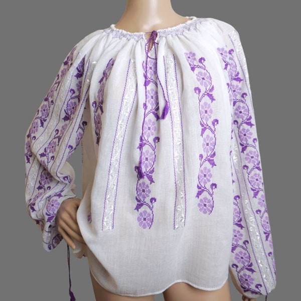 Blusa rumana bordada a mano, blusa étnica hecha a mano, blusa tradicional rumana talla L-XL