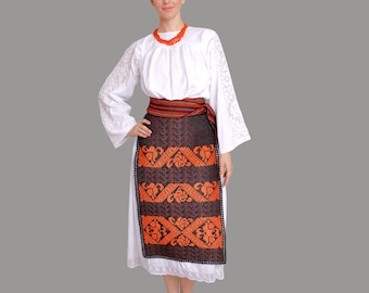 Vintage Romanian Folk Costume from Banat: Hand-Embroidered Blouse, Cotton Skirt, Silk Aprons