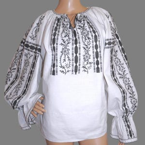 Authentic Vintage Romanian Blouse from Gorj – Hand Embroidered with Black Thread size M-L
