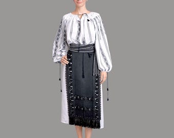 Traditional Romanian Folk Costume with Handwoven Blouse and Vintage Wool Aprons