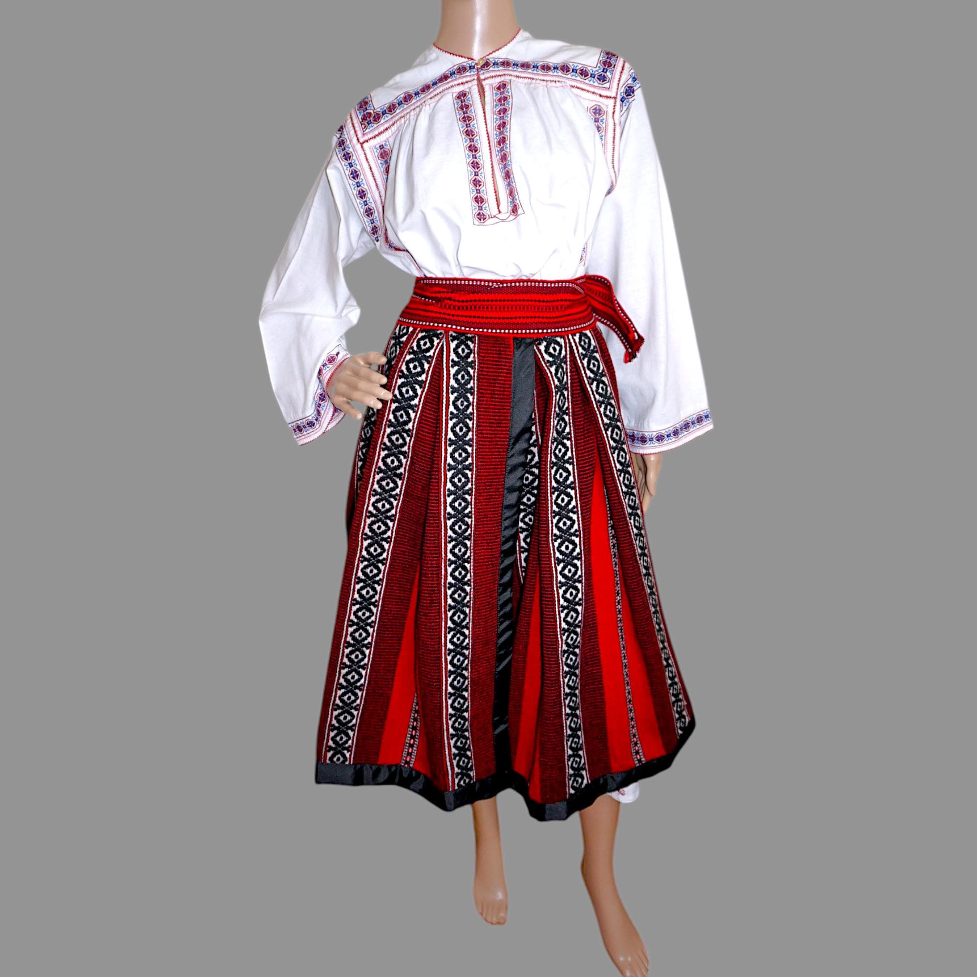 Authentic Romanian Folk Costume – Vintage Romanian Traditional Outfit with hand embroidered Romanian blouse , size M