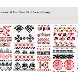 May include: A catalog featuring authentic Romanian cross-stitch patterns. The designs are displayed in rows, showcasing various geometric and floral motifs in red, black, and white. The text "Authentic Romanian Motifs - Cross Stitch Pattern Catalog- vol 3" is at the top.