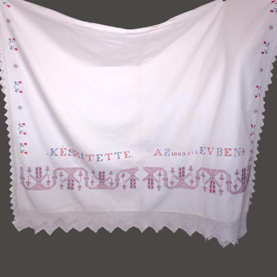 テーブル用品 Hungary embroidery antique tablecloth Antique Dated 1893 Hungarian Cross Stitch Tablecloth From