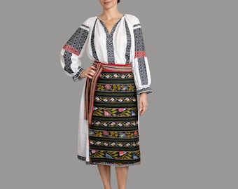 Handmade Romanian Folk Costume: Hand Embroidered Dress, Wool Aprons size M-L