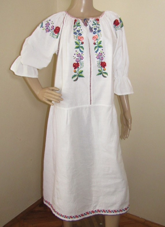 Vintage Romanian peasant dress hand stitched , eth