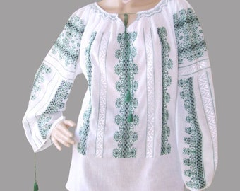 Romanian blouse ,hand embroidered Romanian peasant blouse with green embroidery  size S-M