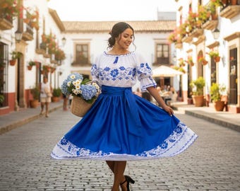 Handmade Romanian Traditional Outfit – Blue Brocade Skirt & Embroidered Blouse (XS / EU 34-36)