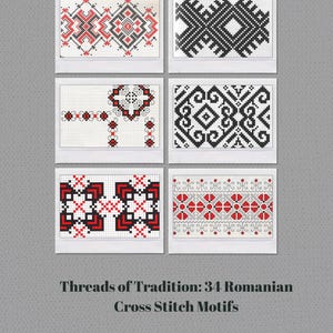 May include: Six framed cross-stitch patterns in red, black, and white, showcasing geometric designs. The image includes the text "Threads of Tradition: 34 Romanian Cross Stitch Motifs."