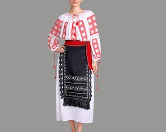 Handmade Romanian Folk Costume (Size M): Hand Embroidered Blouse, Wool Aprons