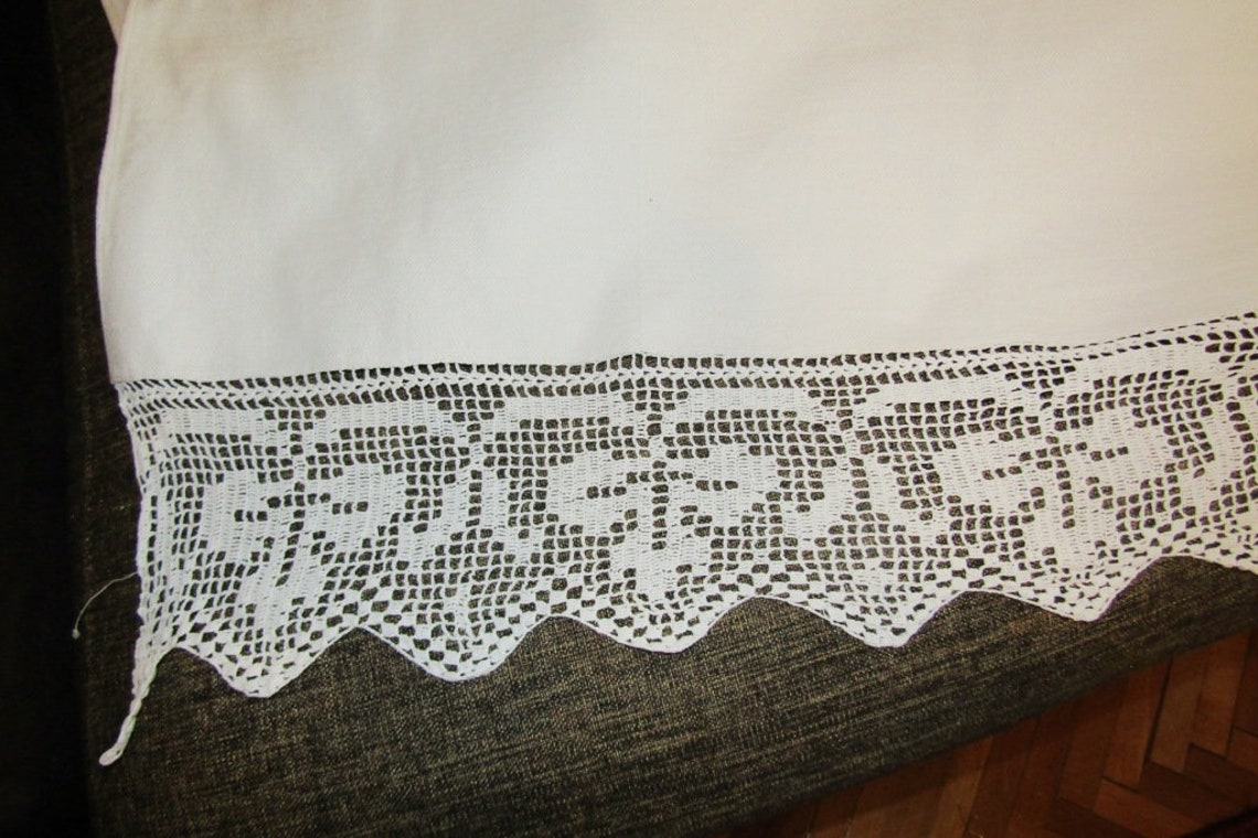 Antique Romanian bed sheet coverlet duvet with lace from Etsy