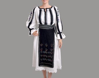 Romanian folk costume with black stripes and floral embroidery  from Dolj Gorj size M