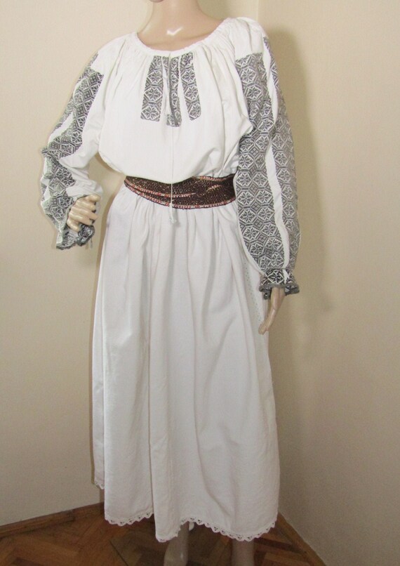 Antique Romanian peasant blouse dress, ethnic Roma