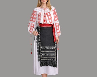 Handmade Romanian Folk Costume (Size M): Hand Embroidered Blouse, Wool Aprons