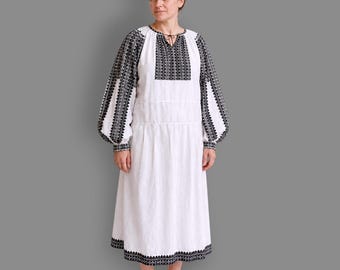 Romanian handmade folk dress, vintage folk costume with black pattern, size S-M
