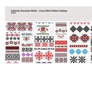 May include: Catalog of authentic Romanian cross stitch patterns, vol 2. The image displays a grid of various cross-stitch designs in red, black, white, and blue. The patterns include floral, geometric, and traditional motifs.