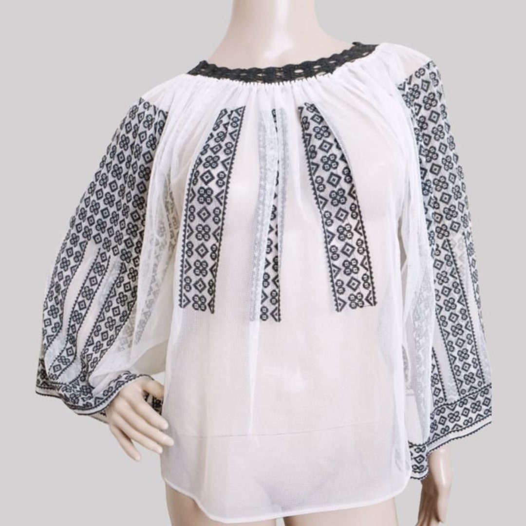 Romanian Peasant Blouse Hand Embroidered on Tulle , Romanian Ethnic