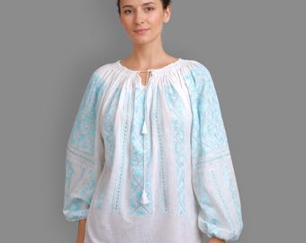Handmade Romanian Peasant Blouse – Blue Turquoise Hand  Embroidery on White Cotton Fabric size M-L