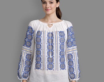 Handgestickte rumänische Bluse: Royal Lily Folk Top, M-L