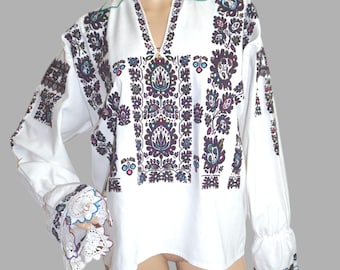 Vintage Romanian Blouse: Hand-Embroidered Folk Top, Banat Region, Size M-L