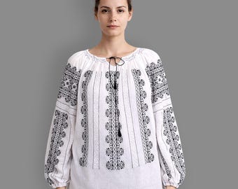 Hand Embroidered Romanian Blouse: Black Cotton on Gauze - Size M