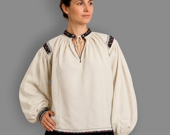 Antike rumänische Bluse: Handgestickter schwarzer Kreuzstich, bauschige Ärmel, Größe L-XL, Siebenbürgen
