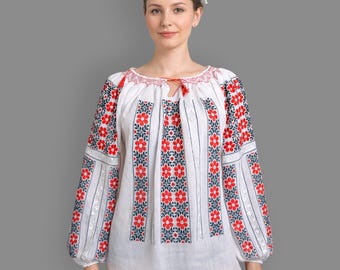 Handmade Romanian blouse,hand embroidered blouse with red and  black flowers size M-L