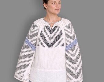 Antique Romanian Peasant Blouse – Hand-Sewn on Homespun Linen size M-L