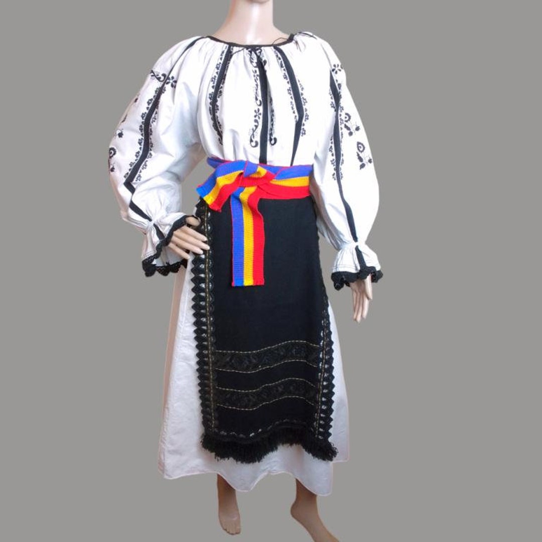 Romanian Folk Costume With Black Stripes and Floral Embroidery From ...