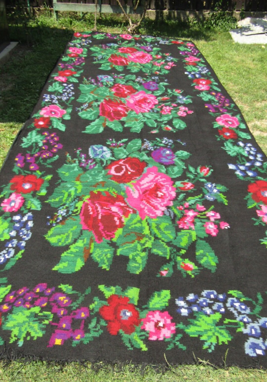 Romanian Bessarabian Antique Rug , Vintage Boho Rug With Roses