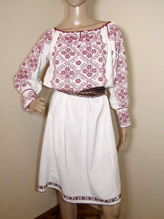 Vintage Romanian peasant dress hand stitched , eth