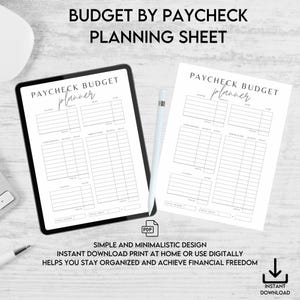 Puede incluir: Una hoja de presupuesto imprimible digital con el texto "BUDGET BY PAYCHECK PLANNING SHEET" y "PAYCHECK BUDGET planner" sobre un fondo blanco. La hoja está diseñada para ayudarte a llevar un registro de tus ingresos y gastos.