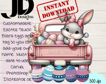 Charming Easter Bunny in Pickup Truck with Colorful Eggs - Digital Download for Greeting Cards and Crafts