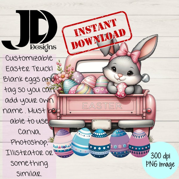 Charming Easter Bunny in Pickup Truck with Colorful Eggs - Digital Download for Greeting Cards and Crafts