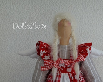 Handmade Tilda Christmas Angel Doll Ingrid: Linen Dress, Patchwork Pinafore, Fabric heart, Gift bag
